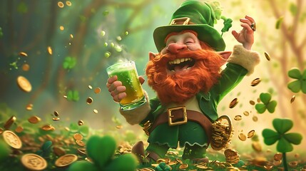 St. Patrick day, Green clover, Leprechaun drinking in a pub, pot of gold, green beer, lucky, viking, horns, helm, warrior, background poster, wallpaper, lucky, gold coins, beer - obrazy, fototapety, plakaty