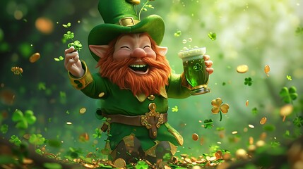 St. Patrick day, Green clover, Leprechaun drinking in a pub, pot of gold, green beer, lucky, viking, horns, helm, warrior, background poster, wallpaper, lucky, gold coins, beer