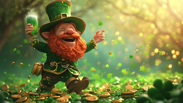 St. Patrick day, Green clover, Leprechaun drinking in a pub, pot of gold, green beer, lucky, viking, horns, helm, warrior, background poster, wallpaper, lucky, gold coins, beer