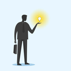 Businessman silhouette holding lamp in hand, carrying new ideas lamp bulb. Business idea and solution concept. High quality vector illustration.