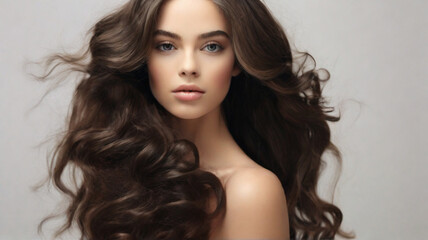 Portrait of young beautiful woman with beautiful silky brown long hair