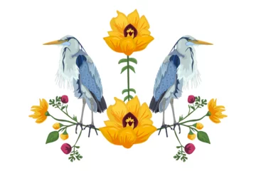 Foto op Plexiglas Bird on branch with flowers isolated on white background. Beautiful flowers and colorful birds. Two heron and plant ornament. Stock vector illustration © kajani
