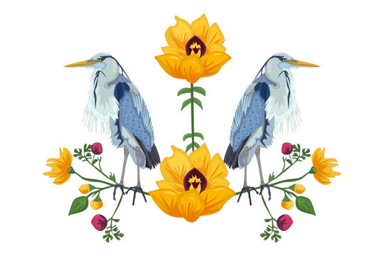 Bird on branch with flowers isolated on white background. Beautiful flowers and colorful birds. Two heron and plant ornament. Stock vector illustration