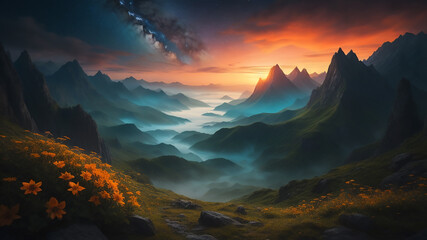Nebel Tal bei Sonnenaufgang unter Sternen