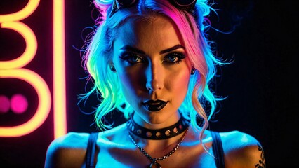 A beautiful cyberpunk girl stands against the backdrop of the night city of the future. Cyberpunk concept. 