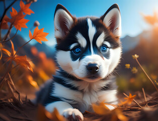 Husky Welpe mit blauen Augen unter Blättern