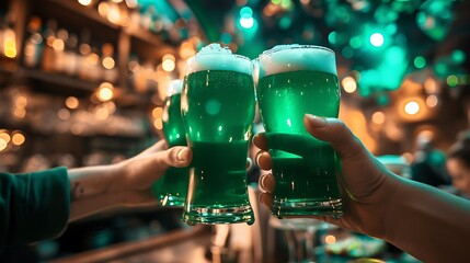 Fototapeta na wymiar St. Patrick day, Green clover, Leprechaun drinking in a pub, pot of gold, green beer, lucky, viking, horns, helm, warrior