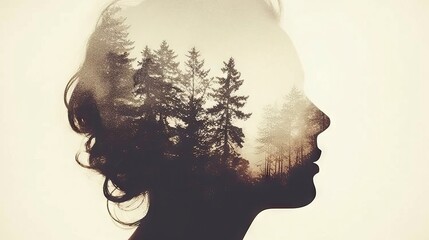 The artistic silhouette of a woman's profile, merging with the mystical forest landscape, creates a double exposure effect, emphasizing the unity of man with nature.