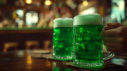St. Patrick day, Green clover, Leprechaun drinking in a pub, pot of gold, green beer, lucky, viking, horns, helm, warrior