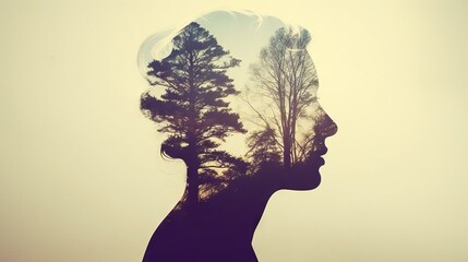 The artistic silhouette of a woman's profile, merging with the mystical forest landscape, creates a double exposure effect, emphasizing the unity of man with nature.