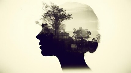 The artistic silhouette of a woman's profile, merging with the mystical forest landscape, creates a double exposure effect, emphasizing the unity of man with nature.