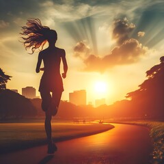 Woman running with sunset