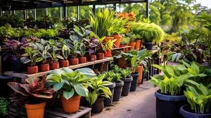 Plants in pots on sale at the local garden center - obrazy, fototapety, plakaty