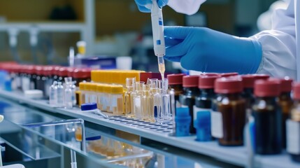 The close-up of a scientist working in the laboratory. Close-up of the bottle of the drug. Work in progress. corona, virus, covid, sars, aid, cure, health,