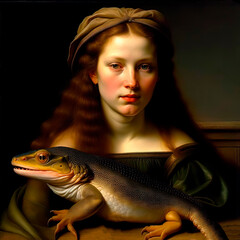 A beautiful lady with a Lizard in the style of an ancient classical oil painting