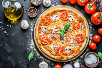 Pizza with meat, cheese and tomatoes on a dark background.