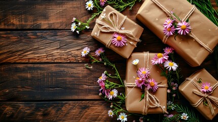 a group of wrapped presents on a wooden table