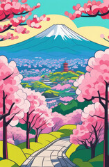 Beautiful view of Japanese scenic nature, Chureito Pagoda and Mount Fuji, spring sakura blossom, travel concept. Abstract illustration style of cubism art in pastel tones
