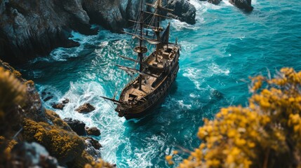 a pirate ship stands at sea surrounded by rocky terrain on a clear sunny day