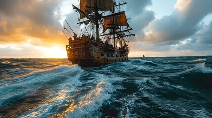 a pirate ship sails on the open sea against the backdrop of sunset