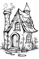 Fototapeta na wymiar Printable Witch and Haunted House Coloring Page