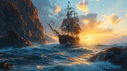 a pirate ship sails on the open sea against the backdrop of sunset