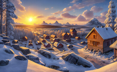 Sunset over a winter village