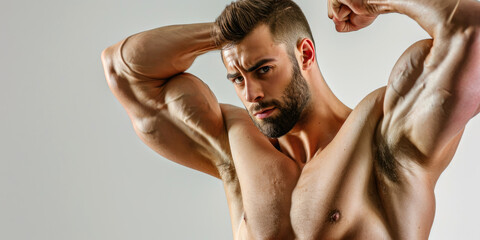 Handsome top model man bodybuilder flexing big wide shoulders, showing off muscles