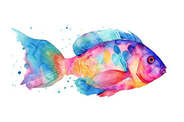 Watercolor illustration of a vibrant fish with splashes of watercolor paint on a white background , generative AI