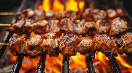 Pork on skewers cooked on barbecue grill