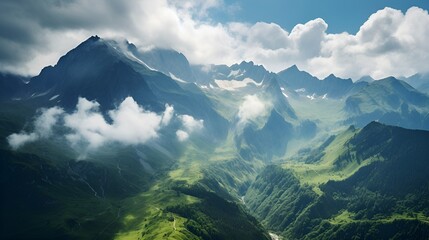 Swirling clouds over towering mountains in the summer , Swirling clouds, towering mountains, summer - obrazy, fototapety, plakaty