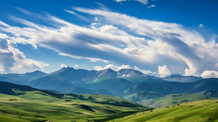 Swirling clouds over towering mountains in the summer , Swirling clouds, towering mountains, summer