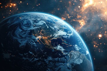 A cosmic portrayal of Earth in space, with a blue globe, stars, and a serene cosmic background.