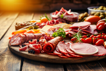 Assortment of processed cold meat products. On a wooden background. - obrazy, fototapety, plakaty