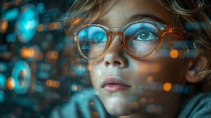Curious child with glasses gazes in wonder amidst technology. a vision of future learning and discovery. AI - obrazy, fototapety, plakaty