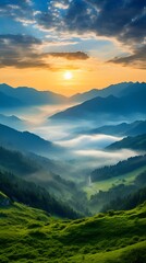 Obraz premium Sunrise over mountains captured in an aerial shot , Sunrise over mountains, aerial shot