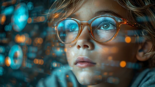 Curious child with glasses gazes in wonder amidst technology. a vision of future learning and discovery. AI