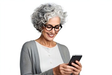 Fototapeta premium Smiling mature woman with a smartphone isolated on a white background