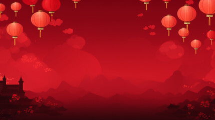 A vibrant banner featuring traditional Chinese lanterns against a rich red backdrop, symbolizing prosperity and good fortune. negative space. Generative AI.