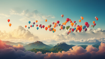 a group of people against the background of balloons launched into the sky, the concept of society, happiness and freedom