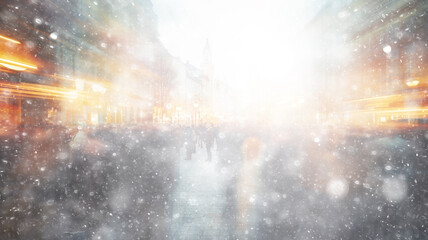 Fototapeta na wymiar winter background snowfall in the city, copy space abstract blurred white background snowflakes falling on a crowd of people