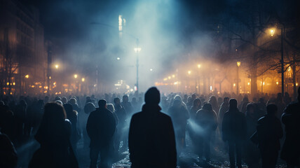 a crowd of people in blurry motion in the fog of a city street, abstract background, urban smoke, concept social issues