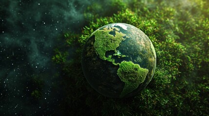 Obraz na płótnie Canvas Planet earth made of green grass and moss. View from space to earth. Eco-friendly planet