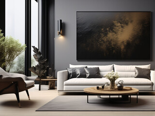 Contemporary Luxe Living Space and Stylish Furniture in an Empty, Elegant Room