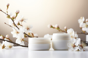 Fototapeta na wymiar Cosmetic cream jars mockup on white background with spring flowers. Skin care product package design. 