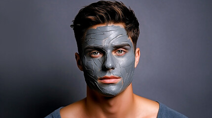 Skin care, beauty and man with mask on face on gray background for wellness, facial care and dermatology