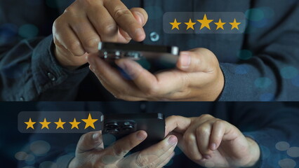 close up man hand using smart phone and give five star symbol to increase rating of product and...