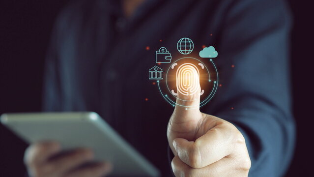 futuristic digital processing of biometric identification fingerprint scanner for access personal financial data. surveillance and security scanning of digital programs cyber futuristic applications