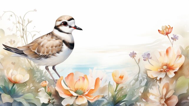 Beautiful bird with flowers watercolor painting illustration background