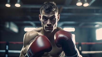 Young male boxer wearing boxing gloves takes a boxing stance, preparing to punch while training in a dimly lit gym. concept: boxing training, gym